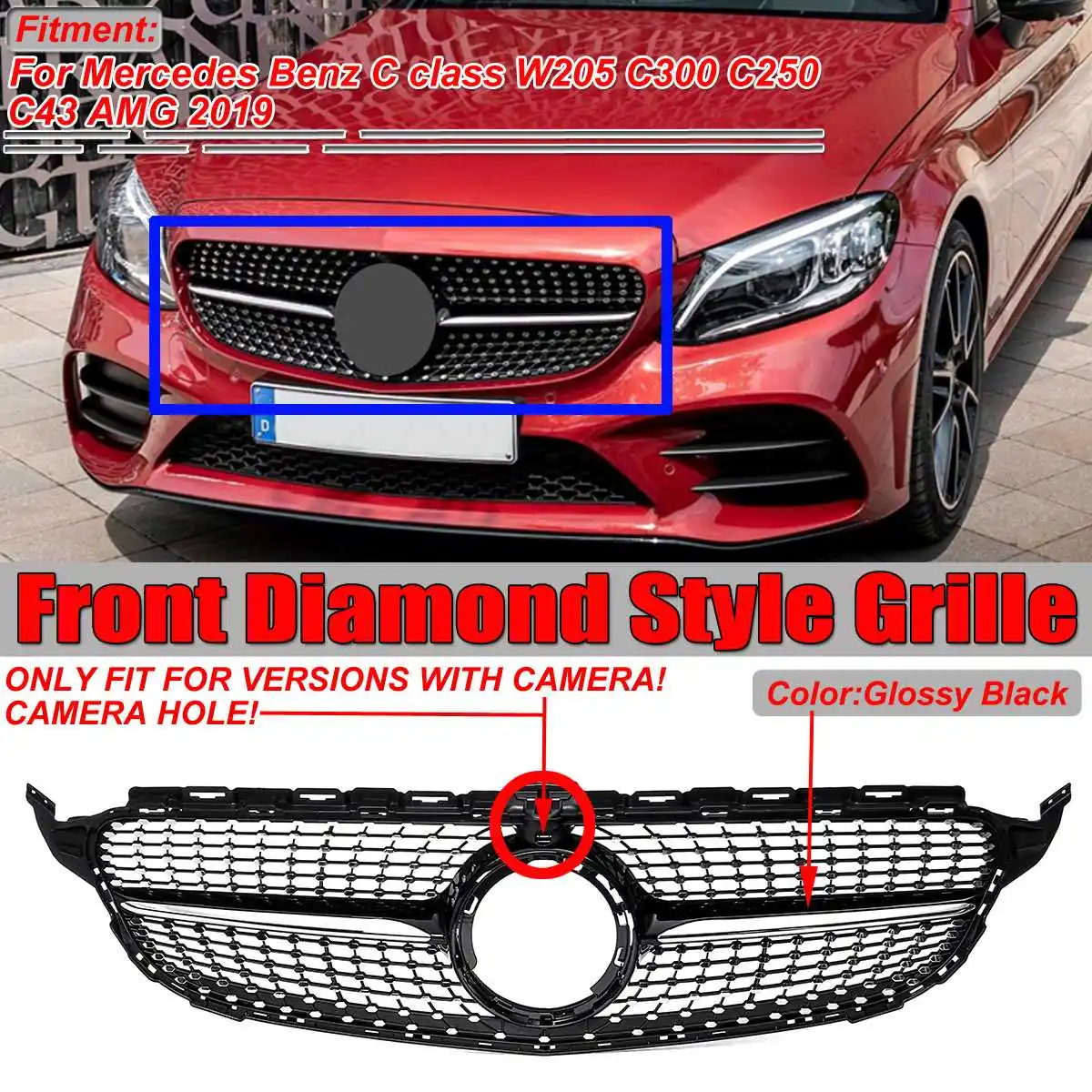 W205 Grill 2019 Diamond Car Front Bumper Grill Grille With Camera For Mercedes For Benz C Class W205 C300 C250 C43 For AMG 2019 W205 Grill 2019 Diamond Car Front Bumper Grill Grille With Camera For Mercedes For Benz C Class W205 C300 C250 C43 For AMG 2019