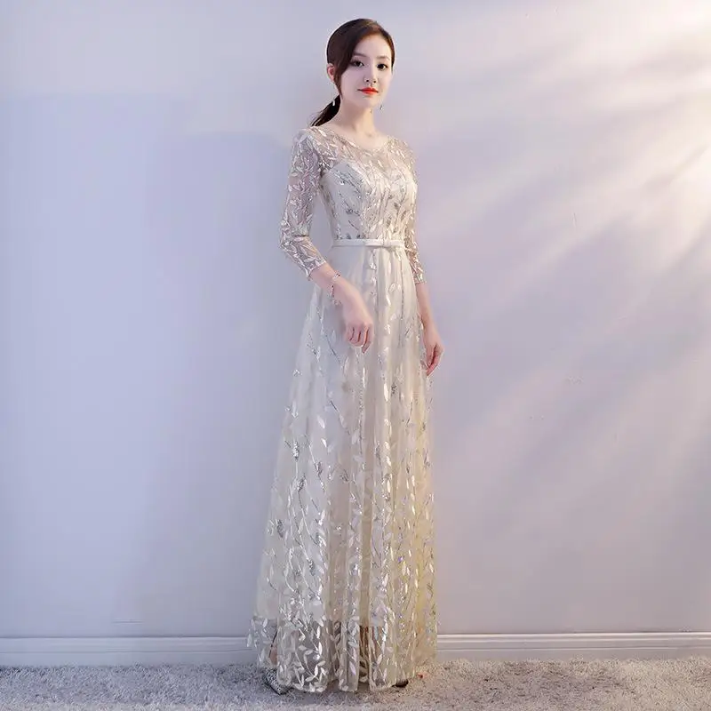 Традиционное китайское платье невесты, женское свадебное платье Qipao, элегантное весеннее длинное платье с круглым вырезом, роскошное вечернее платье, Vestido XS-3XL - Цвет: Шампанское