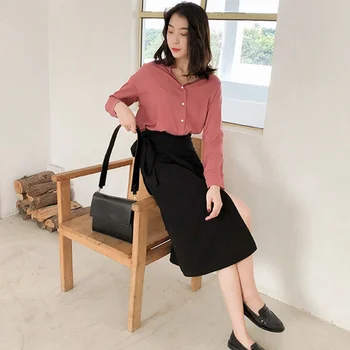 

Skirt 2019 New Basic Solid Sashes Skirts Elegant High Waist Loose A Line Skirt Lace Up Fadas Autumn Winter Ladies Bottom AA5020