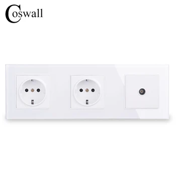 

COSWALL Wall Crystal Glass Panel Double Power Socket Grounded 16A EU Electrical Outlet With Female TV Jack