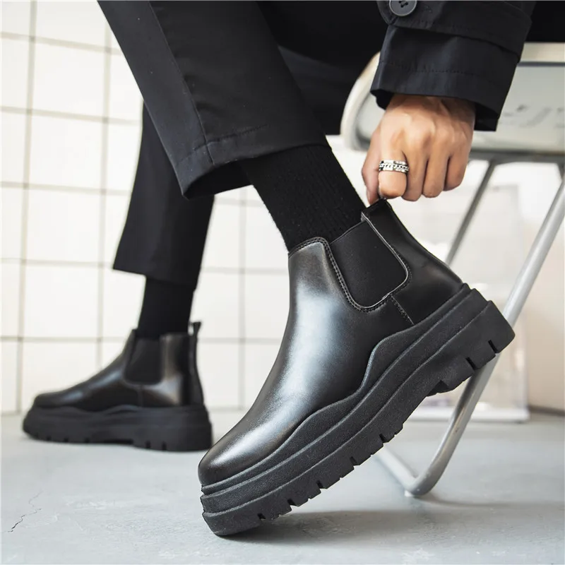 Fashion Leather Men High Top Chelsea Boots Chunky 2021 Winter Slip On Platform  Boots Black Ankle Men Brand Shoes Botines Hombre - Men's Boots - AliExpress