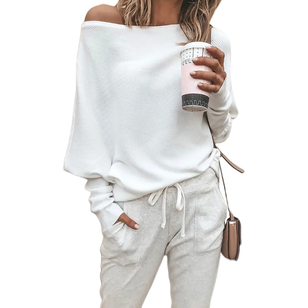 

Autumn Women Soft Solid Sweater Tops Casual Gift Sexy Loose Cotton Blend Long Sleeve Pullover One Shoulder Breathable