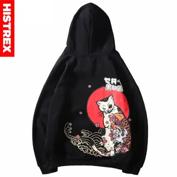 

2019 Hip Hop Hoodie Sweatshirt Men Japanese Ukiyo E Cat Hoodie Harajuku Streetwear Hoodie Pullover Cotton Fleece Winter Autumn