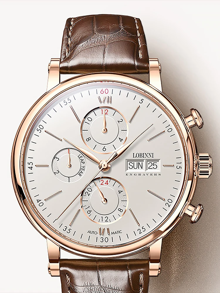 Online Suiza Lobinni Hombres Relojes de Marca de Lujo Calendario Automático Mecánico de Cuero de Zafiro L13019 6