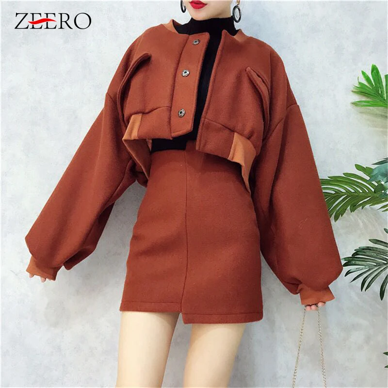 

Korean 2019 Autumen Women Two Pieces Set Ladies Loose Jacket Baseball Batwing Sleeve Tops Short Coats Skirt Suits Female Outfits