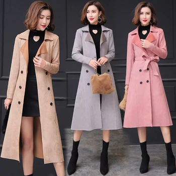 

2020 New Double-breasted Windbreaker Autumn Winter Ladies Coat High Quality Suede Coat Fashion slim long coat Waistband Jacket
