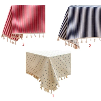 

Pastoral Tassel Tablecloth Floral Stripes Print Cotton Linen Kitchen Table Cover R9JC