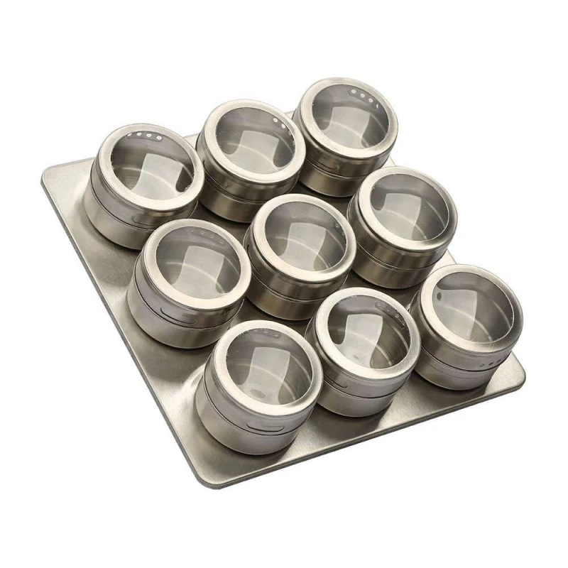 9pcs With Base Кухонные инструменты с магнитным дном для специй Tins набор специй из нержавеющей стали с наклейками перцовые шейкеры приправа спреи Набор для соли и перца - Цвет: 9pcs With Base