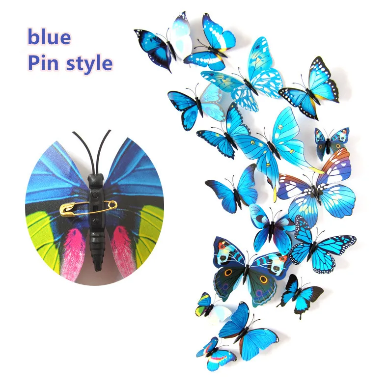 blue Pin style 12 шт./компл. красивые 3D настенное украшение в виде бабочки Стикеры для декора стен и Украшения в спальню ПВХ бабочки для холодильника Стикеры Украшения в спальню - Цвет: blue Pin style