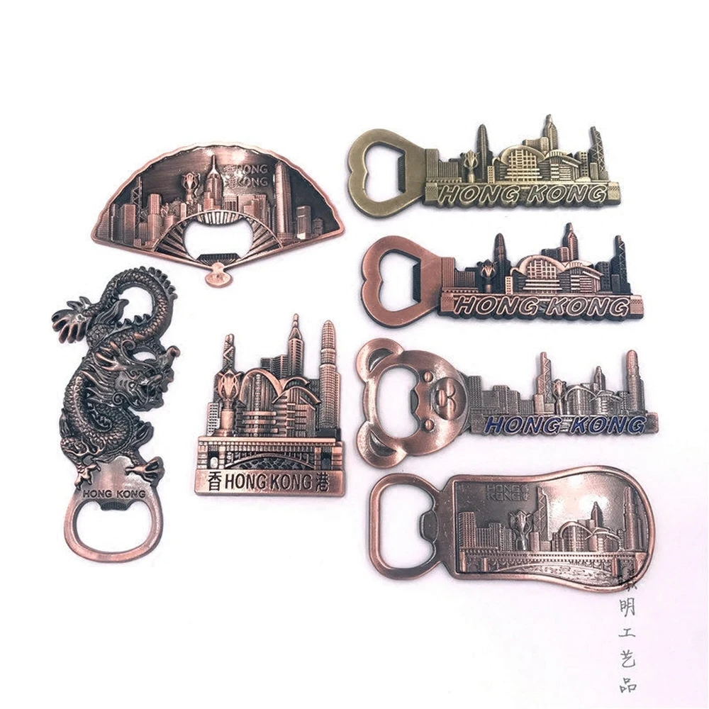 

High-end Metal Hong Kong Refrigerator Magnetic Stickers China Tourist Souvenir Fridge Magnets Bottle Opener Home Decoration