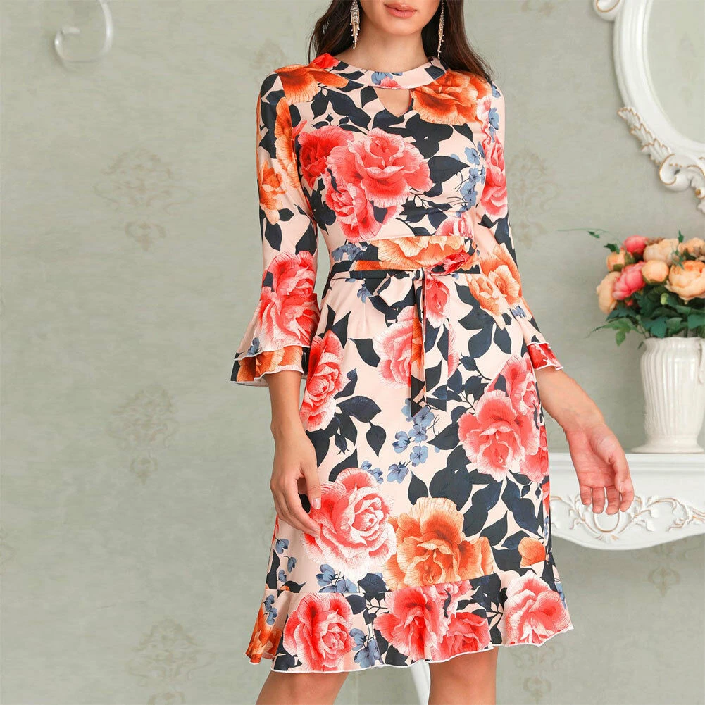 

Fashion Floral Printed Summer Women Boho 3/4 Sleeve Ruffles Loose Fit Short Party Dress Casual Ladies Holiday Clothing