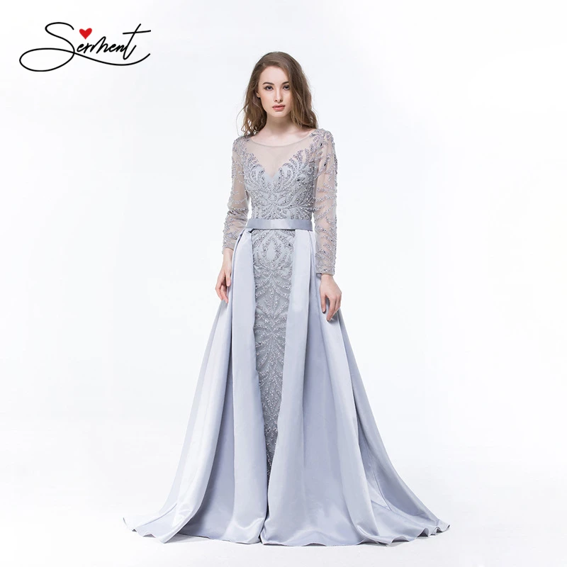 

SERMENT Real Shot Elegant Long-sleeved Heavy Work Beaded Evening Dress Ribbons High-grade Mesh Ball Skirt Dress Trailing Satin