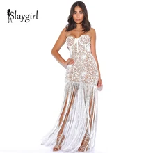 Slaygirl белое сексуальное платье с кисточками, женское облегающее длинное платье с открытой спиной, кружевное платье на лето и осень, элегантное платье без бретелек Vestidos