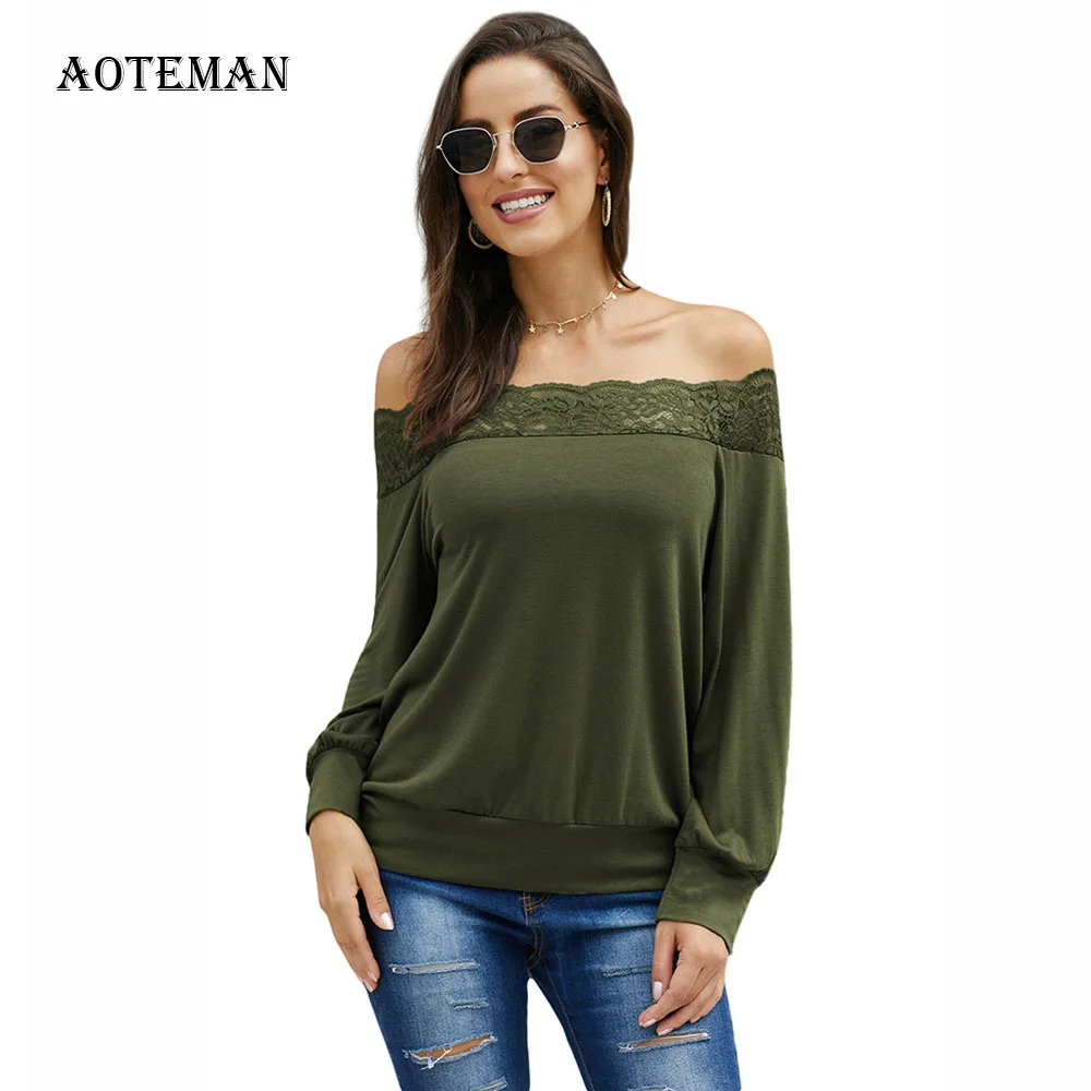 Autumn Women's Blouse Shirt 2020 Sexy Off Shoulder Long Sleeve Sling Lace blusas mujer de moda Solid Vintage Womens Tops Green | Женская