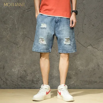 

Summer hole harem pants male 5 points tide brand washed and worn loose Japanese cowboy five points pants male