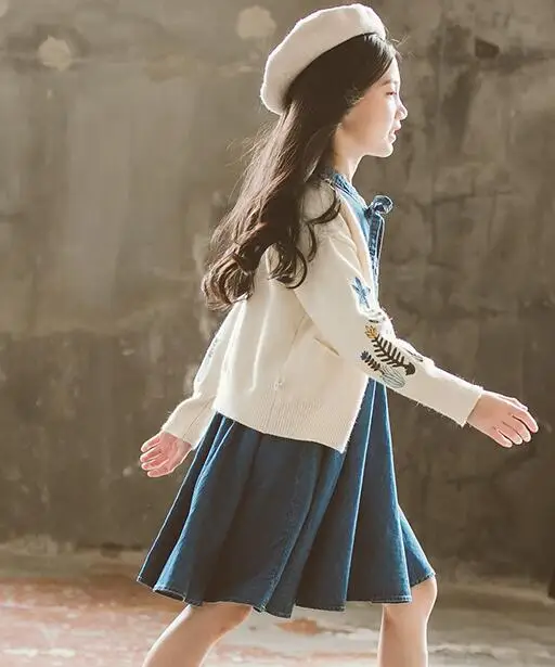 Girl Suit Autumn Dress New Korean Edition Middle-sized and Big Children's Denim Dress Super Westernized Two-piece Fashion S