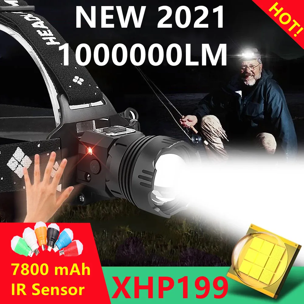 1000000LM мощные светодиодные фары XHP199 Перезаряжаемые Головной фонарь XHP90 Usb рыбалка