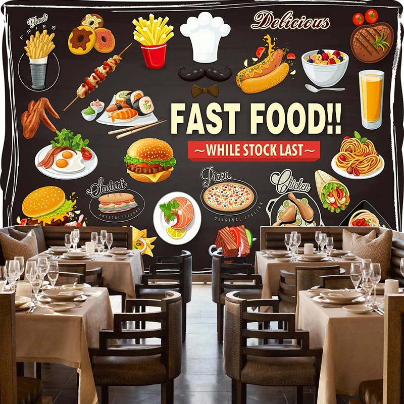 

Drop Shipping Custom 3D Wallpaper HD Hand-painted Fast Food Restaurant Snack Bar Wall Decor Waterproof Easy Operate 3D Stickers