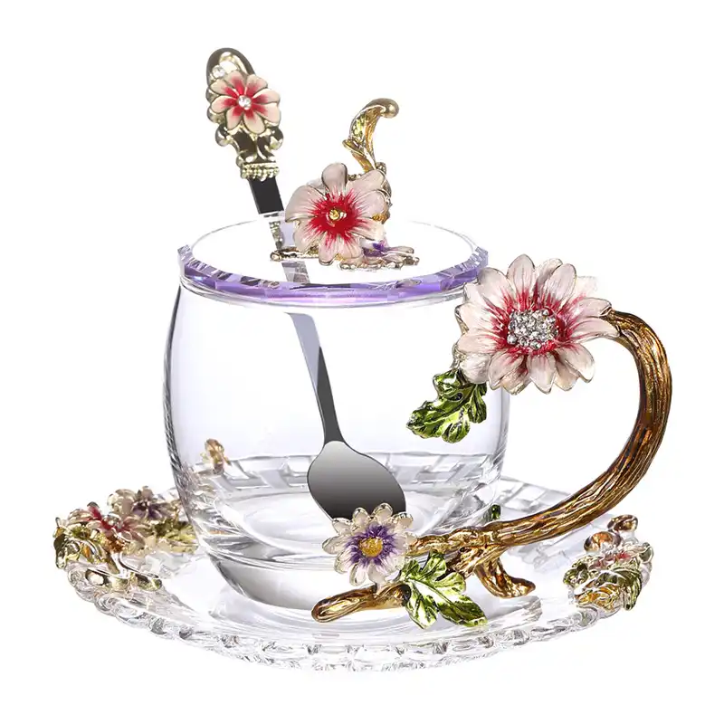 高グレードエナメル透明ガラスマグコーヒー紅茶マグ赤花耐熱ステンレス鋼スプーンで設定コースター Mugs Aliexpress