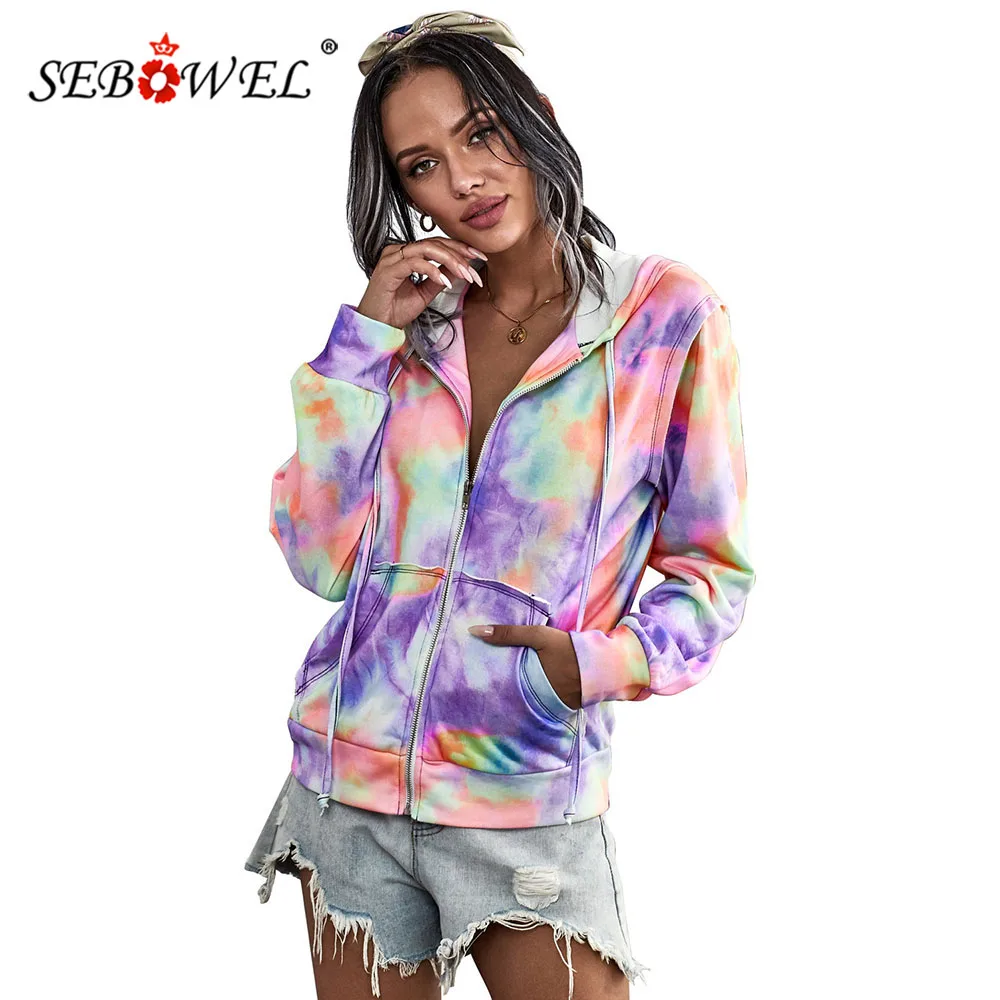 

SEBOWEL Neon Tie-dye Print Pocket Zip Up Hoodie Cardigan Jackets for Women Long Sleeve Hooded Top Autumn Spring Outerwear Coats