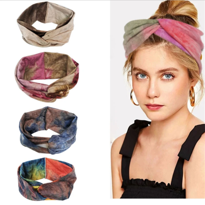 

Tie-dye wide hairband Boho style European and American cross headband knotted printed cotton elastic headscarf adult headwear