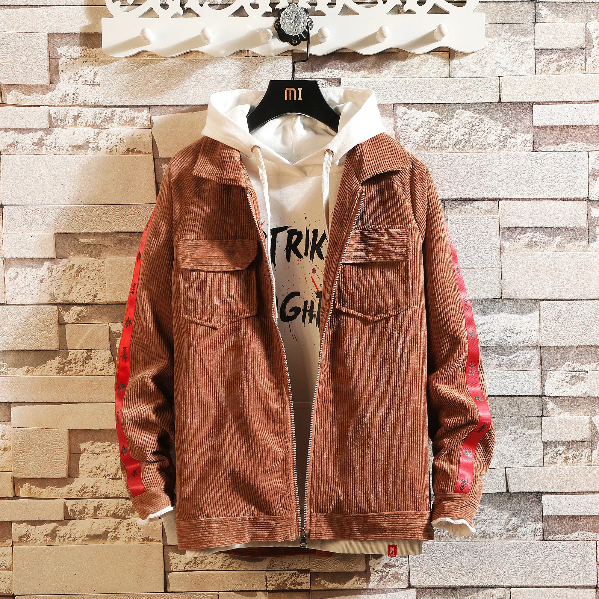 

Spring Autumn Pilot Jacket Coat Men's Corduroy Slim Lapel Jacket Men Long Sleeve Street Fun Embroidered Jacket Brown Pink Black