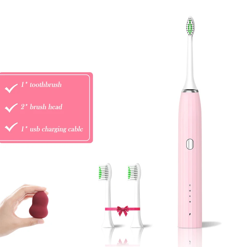 Электрическая ультразвуковая зубная щетка зубные щетки для взрослых ультра звуковая зубная щетка USB перезаряжаемая отбеливание зубов с 2 головками щетки - Цвет: pink