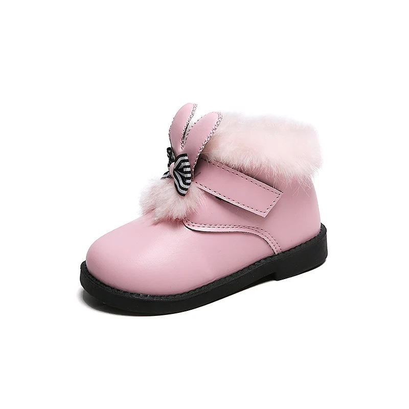 pink Детская обувь; коллекция года; модные зимние ботинки для девочек; теплые мягкие резиновые ботинки принцессы с плюшевым кроликом и бантом; ботинки из искусственной кожи для детей - Цвет: pink