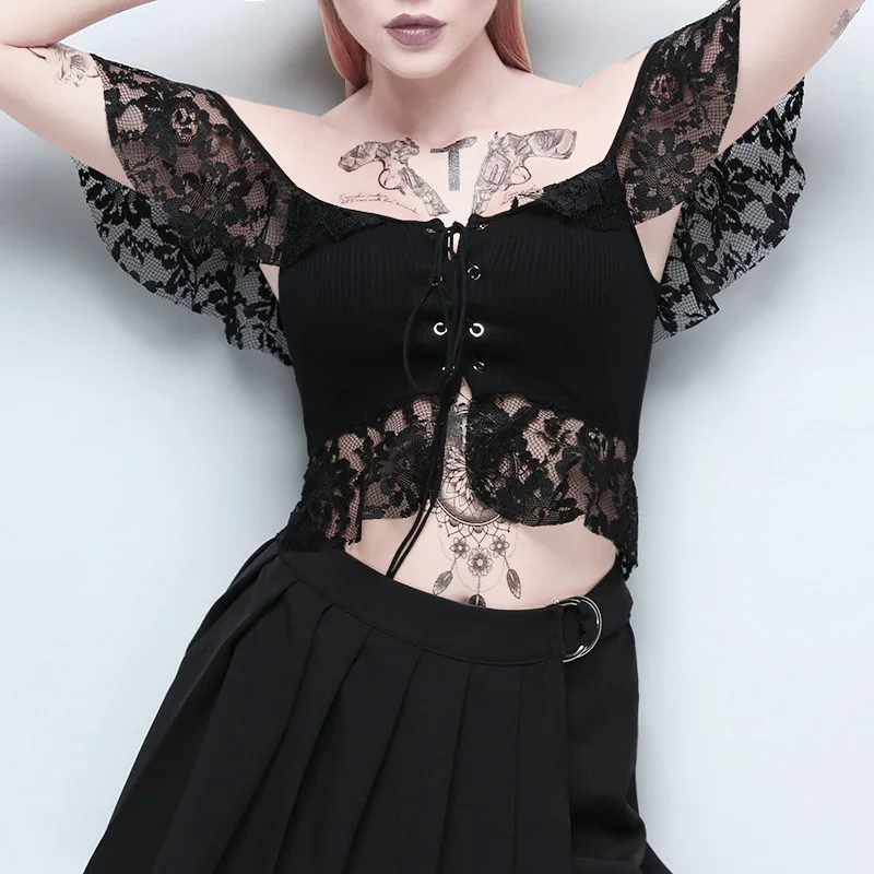 Женская кружевная блузка Goth Dark, черная сетчатая короткая футболка, готический топ с сексуальным вырезом и открытой спиной, на лето