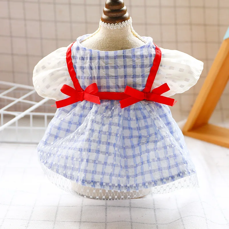 

Teddy Bear, Small And Medium-sized Dog, Pet, Cat, Spring Summer Clothes, Bow Tie, Red Ribbon, Blue Plaid Dress