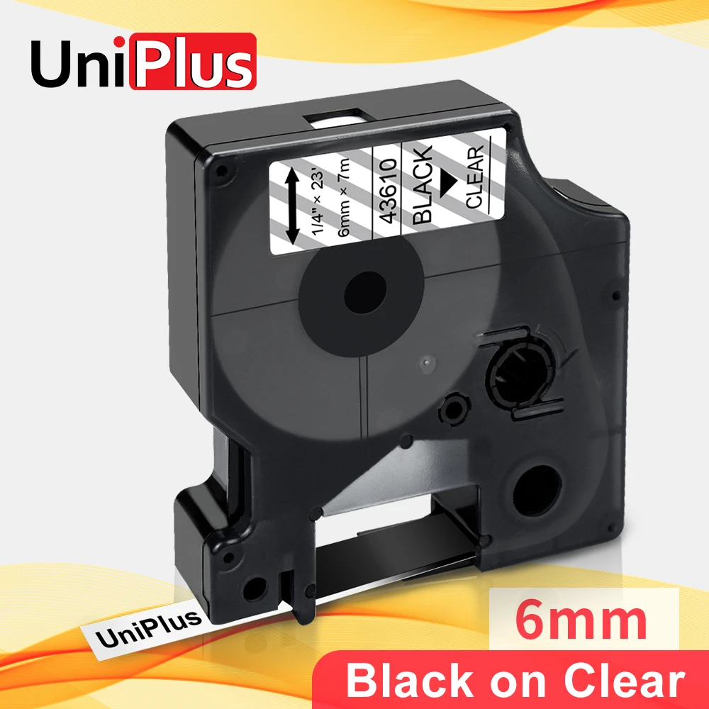 UniPlus 6mm Label Tapes for Dymo D1 43610 Black on Clear Compatible for  LabelManager 160 280 210D 420P PnP Label Printer Ribbon