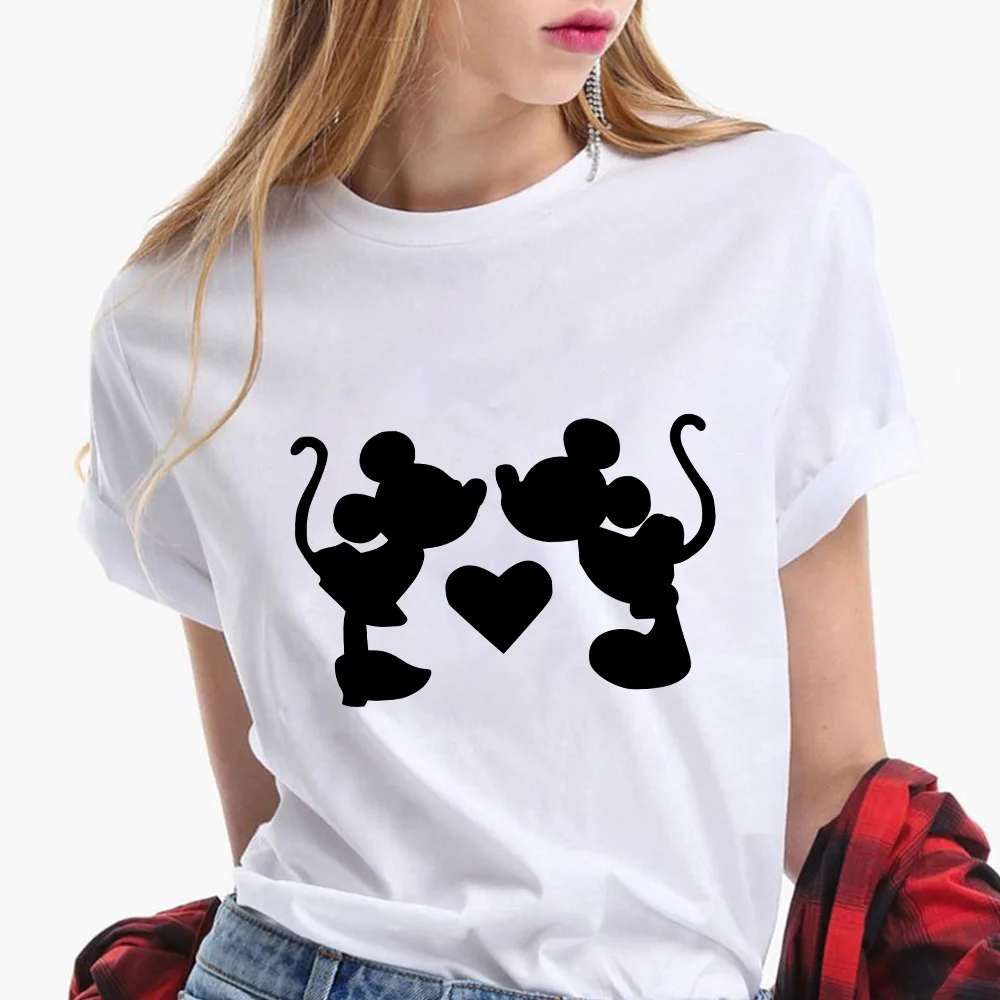 Camiseta con estampado de Mickey Mouse y Minnie mujer, blusa holgada informal de manga corta con cuello redondo, Camisetas estampadas de Disney| Camisetas| - AliExpress