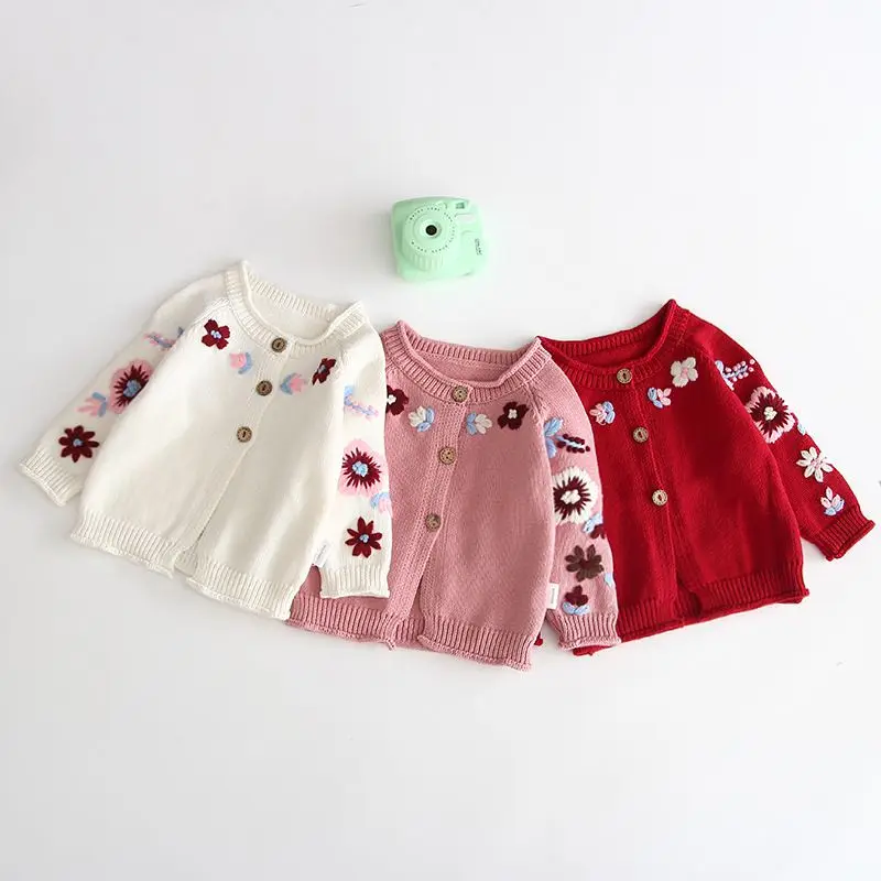 Пальто, свитер, хлопковый однобортный вязаный кардиган с цветочным рисунком для маленьких девочек на весну и осень