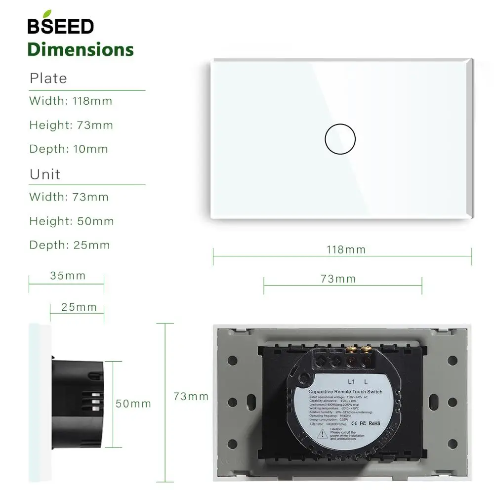 Сенсорный выключатель Bseed US, 1 комплект, 1 способ, 2 способа, дистанционный светильник, 443 МГц, пульт дистанционного управления, кристаллическая панель, умный переключатель, включает Пульт дистанционного управления