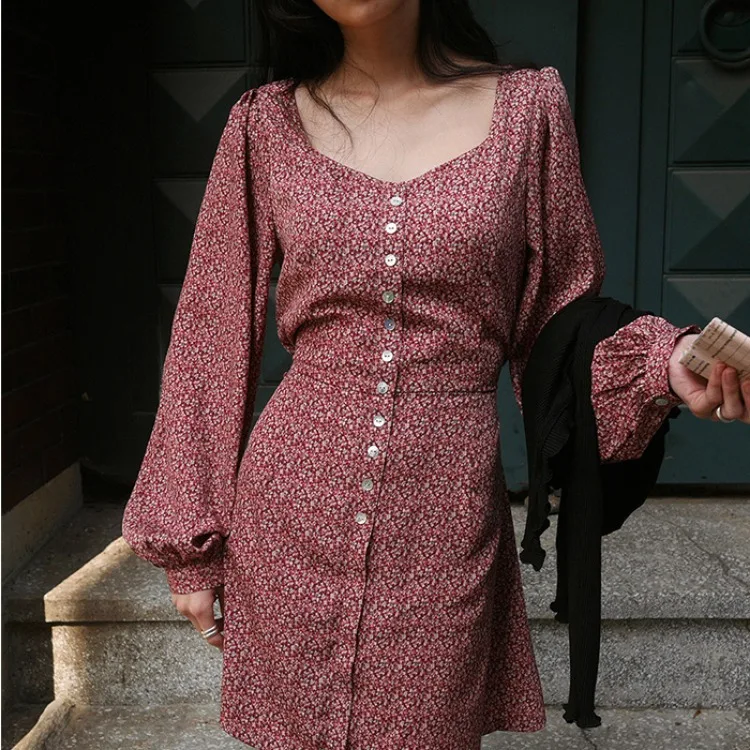 

Vintage Spring Summer Pink Square Collar Long Sleeve Women Sexy Short Shirt Dress Slim Waist Floral Mini Dresses Elegant