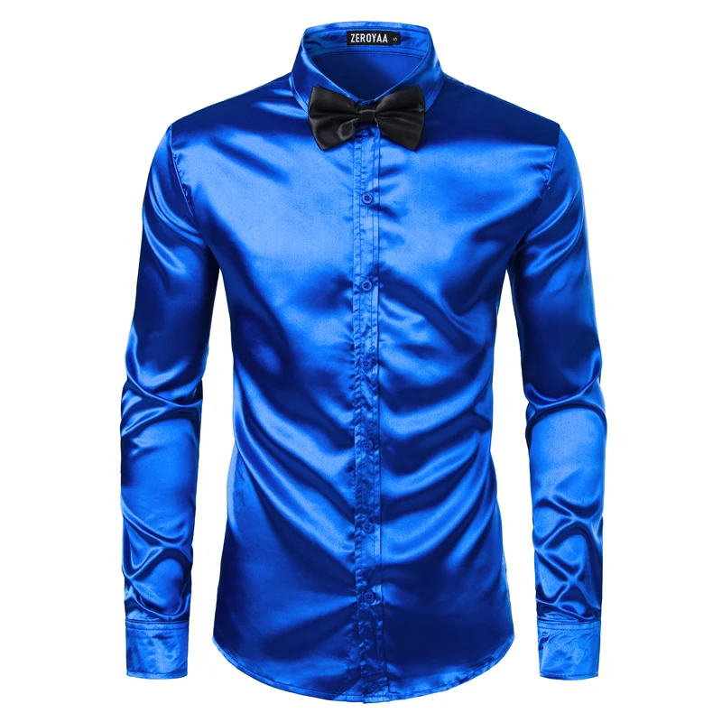 blue Black bowtie Мужские рубашки с галстуком-бабочкой, роскошные шелковые Атласные Рубашки с длинным рукавом для мужчин, однотонные рубашки для сцены, танцев, ночного клуба, Camisas Masculina - Цвет: blue Black bowtie