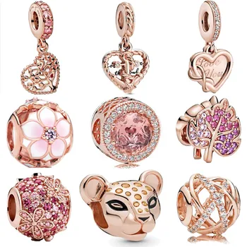 Auténtico 100% S925 encantos de plata esterlina Series dorada y Rosa cuentas Original Pandora pulsera damas de la joyería para las mujeres
