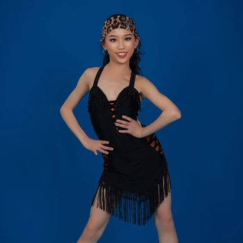 

Latin Dance Dress Girl Black Sleeveless Open Back Fringed Performance Dresses Cha Cha Rumba Samba Tango Dancing Clothes DNV12628