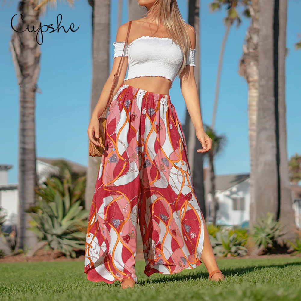 CUPSHE Boho печати широкие брюки женские сексуальные эластичные с высокой талией повседневные брюки Весна летнее пляжный отдых раздельные брюки