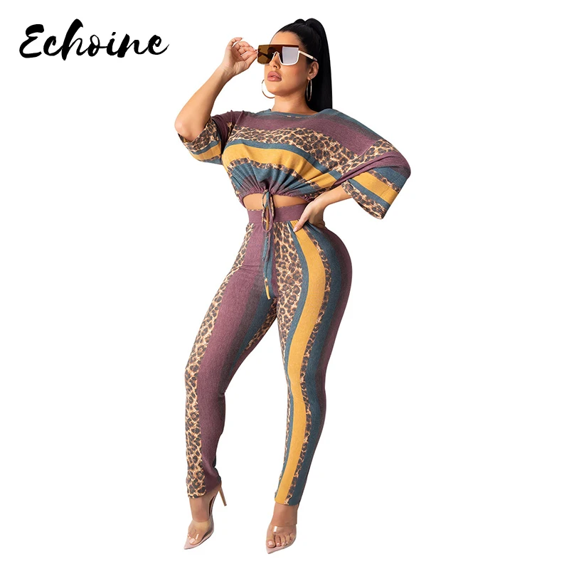 

Autumn Women's set Tracksuit Full Sleeve Stripes Leopard Batwing Sleeve T-shirts Long Pants Suit Two Piece Set Sporty outfits