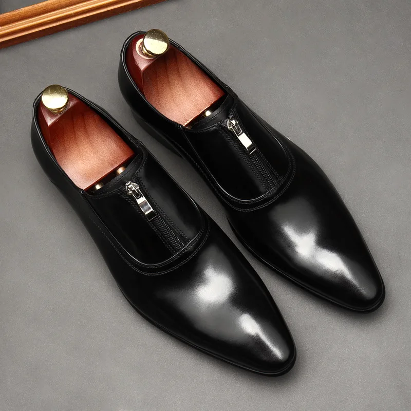 Big Yards Mens Genuine Leather Wedding Dress Shoes Men Oxfords Business Office Career Work Pointed Toe Zip Cowhide Shoes 36-44