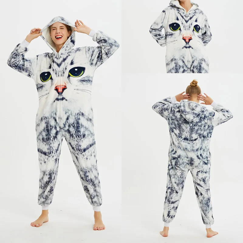 Новые зимние пижамы унисекс для взрослых женщин пижамы единорог кигуруми животных наборы домашней одежды, пижама фланелевая с капюшоном - Цвет: 3D Cat