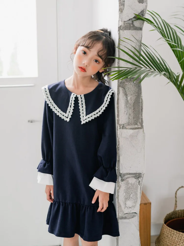 Back To School Clothing 100% Cotton Fall Dress For Girl Petal Sleeve Big Girl Kids Dresses Blue 2019 Autumn Child Dress Fashion (16)