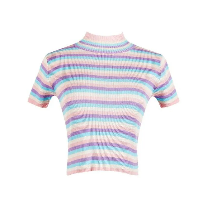 Летняя женская Милая контрастная полосатая футболка для девочек с коротким рукавом, тонкая трикотажная одежда с коротким рукавом, маленькая водолазка, женская водолазка - Цвет: Розовый