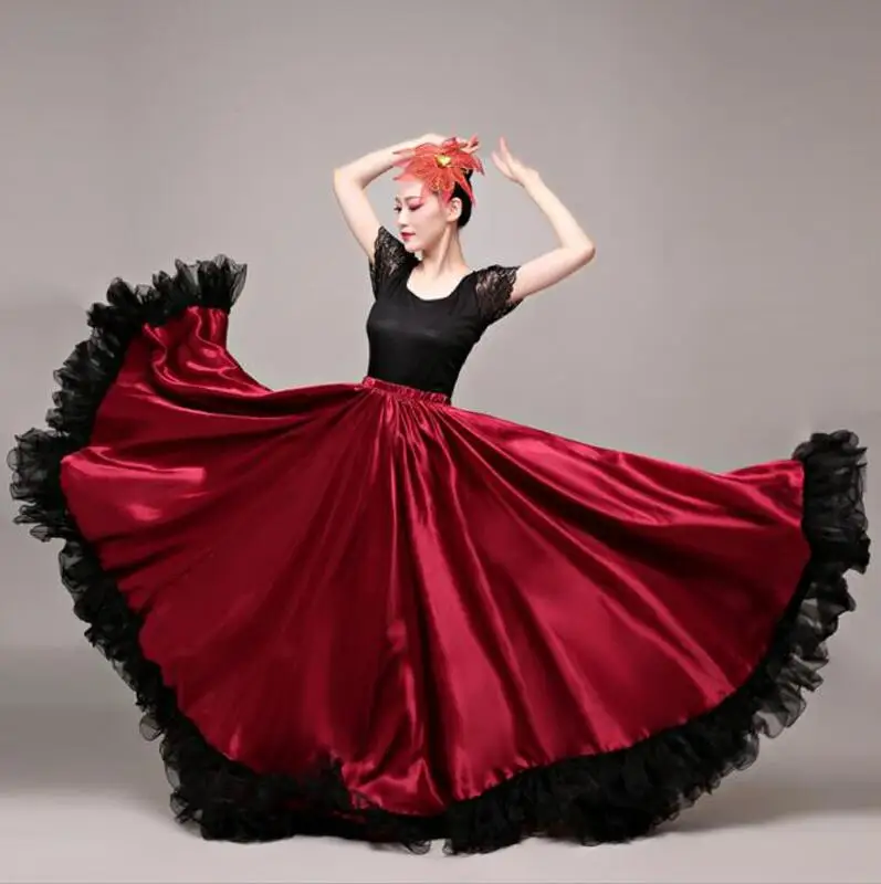 Wine Red 720 Degree Танец фламенко юбка Золотой испанский танцевальный костюм для женщин Vestido фламенко 360-720 градусов плюс размер - Цвет: Wine Red 720 Degree