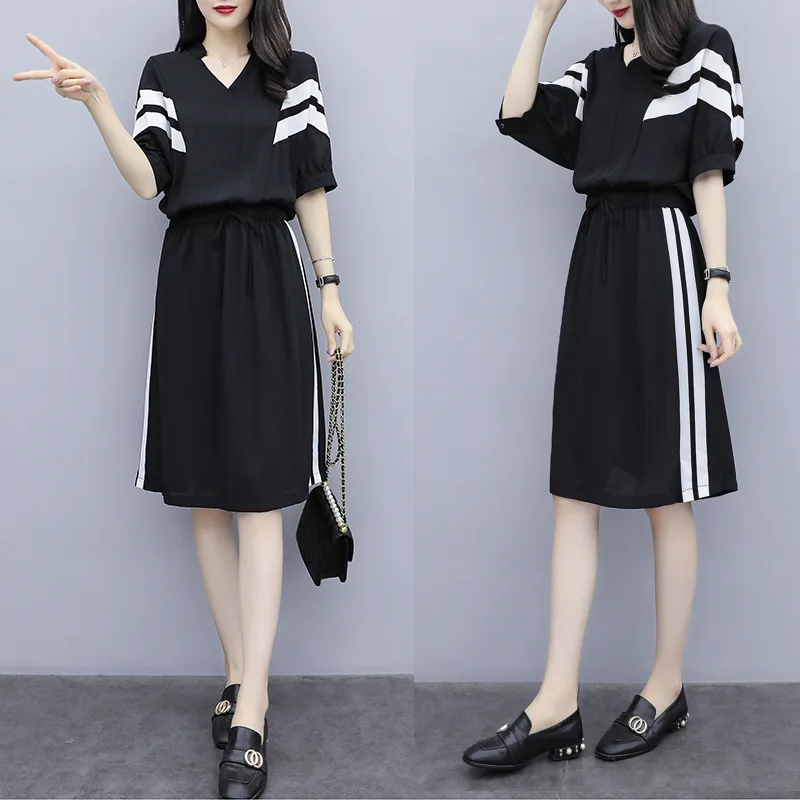 

2019 Summer New Style Large Size Dress Fat Mm Korean-style Fashion Slimming Loose-Fit Mid-length Waist Hugging Dress Women's