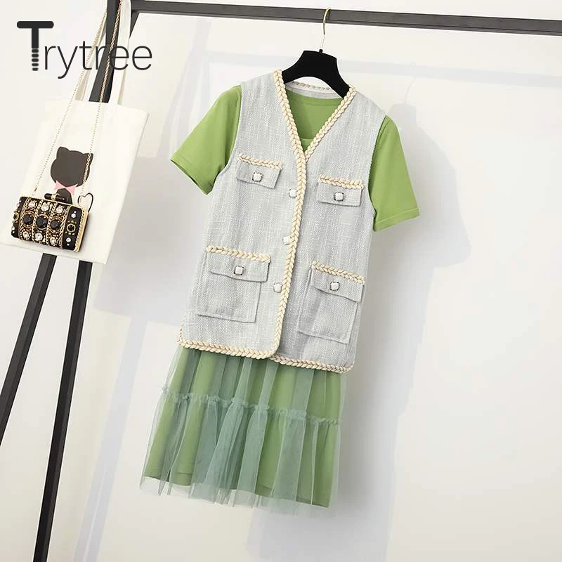 

Trytree Autumn Women two piece set Casual Solid Button Pockets Single-breasted Tank Top + Dress Mini Office Lady Set 2 Piece Set