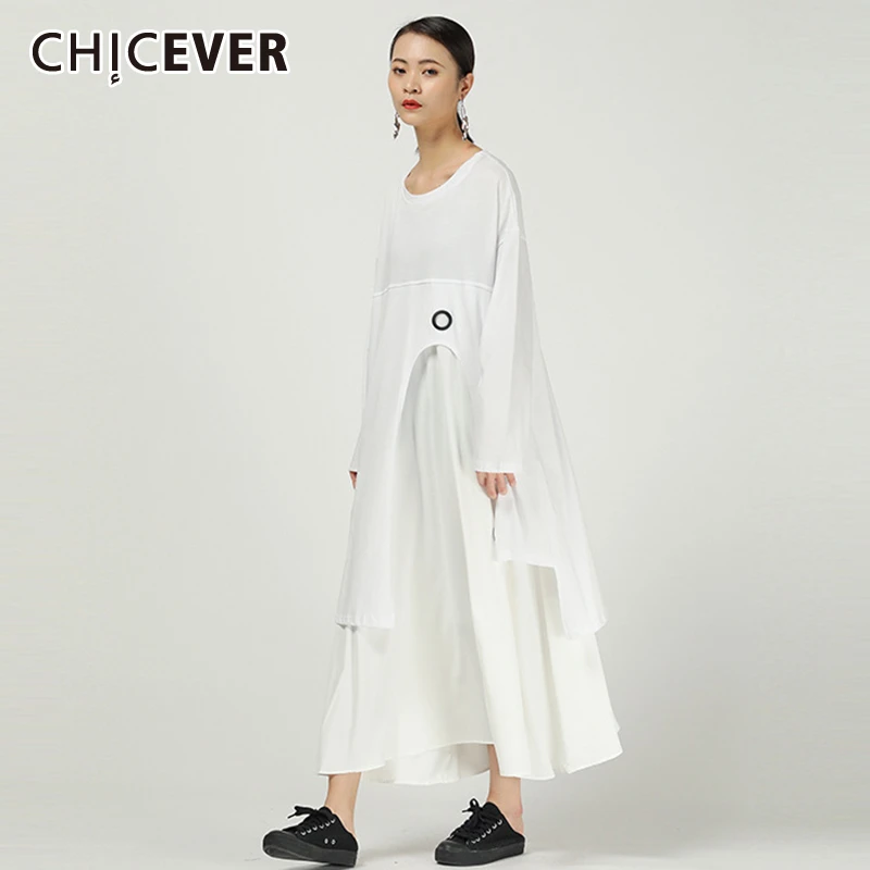 CHICEVER Korean Patchwork Hollow Out Women's Dress O Neck Long Sleeve Oversize Loose Irregular Midi Female 2020 Fashion | Женская