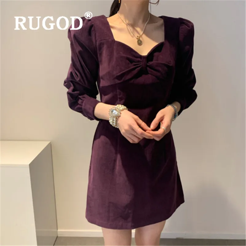 Женское вельветовое платье RUGOD Simplee однотонное в стиле ретро с бантом и длинными