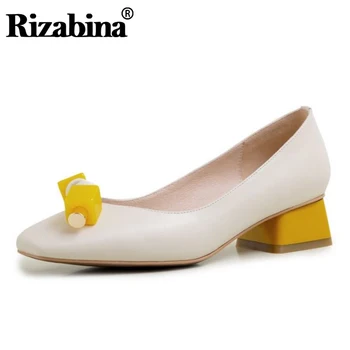

RIZABINA Genuine Leather Pumps Spring Hot Sale Shallow Shoes Women Wedding Party Bowtie Pumps Footwear Size 34-40